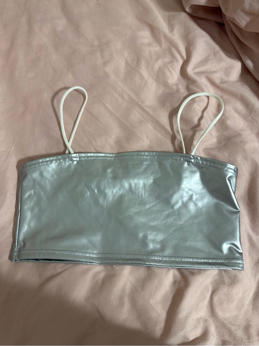 Metallic Silver Bandeau Crop Top with White Straps